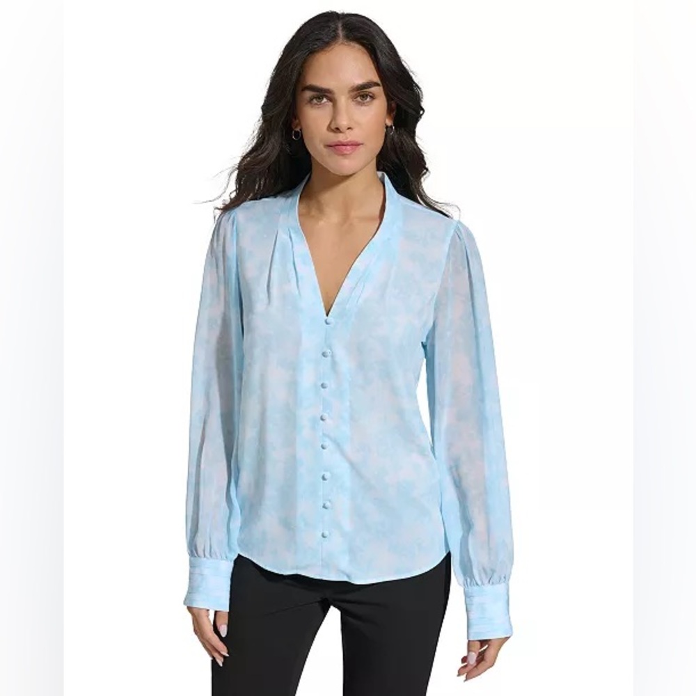 NWT Calvin Klein Women’s Printed V-Neck Light Blue Blouse